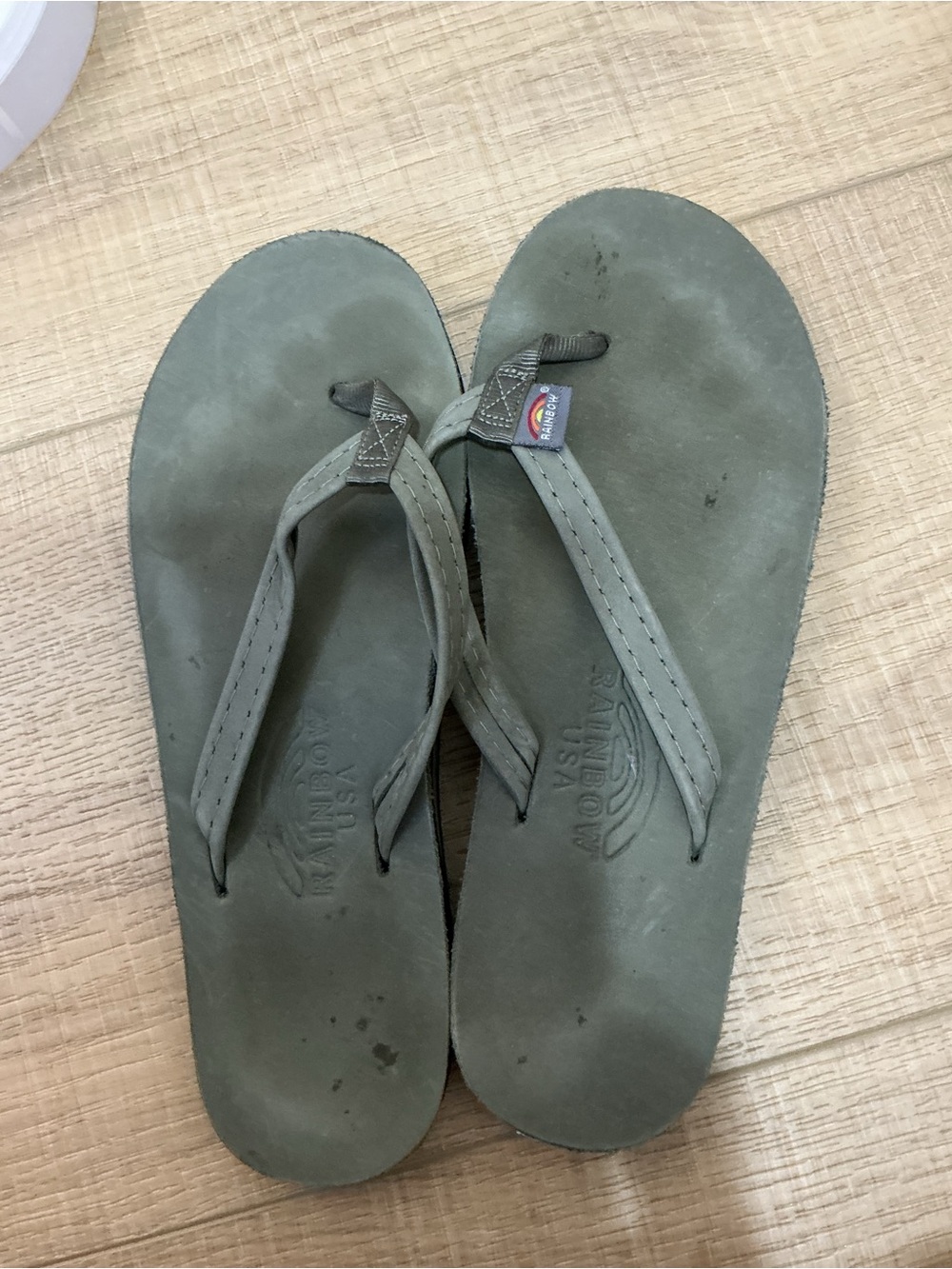 Rainbow Olive Green Leather Flip-Flop Sandals